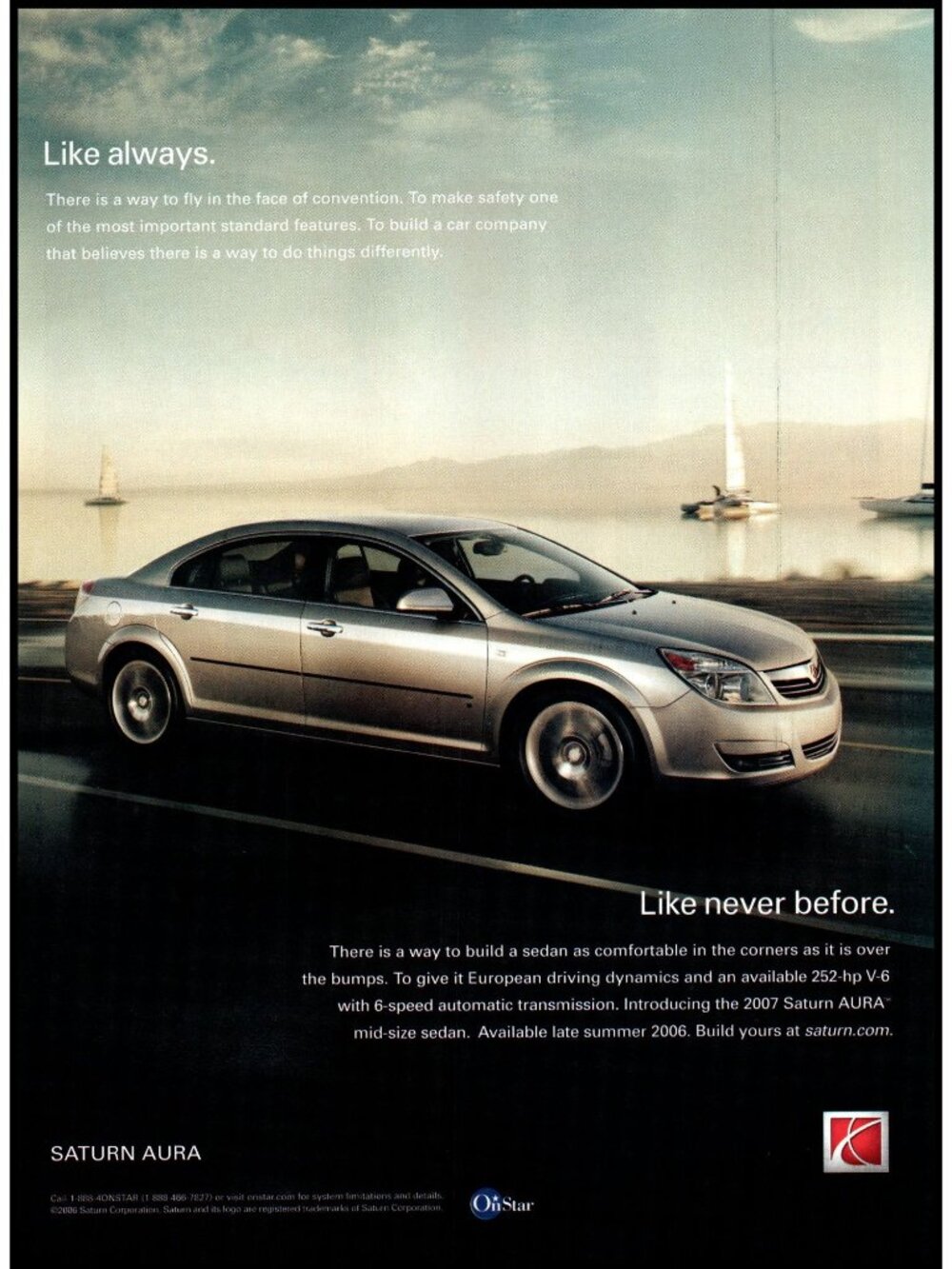 2006 Saturn Aura Sedan Vintage Print Ad Sailboat Sailing Harbor Ocean Wall Art